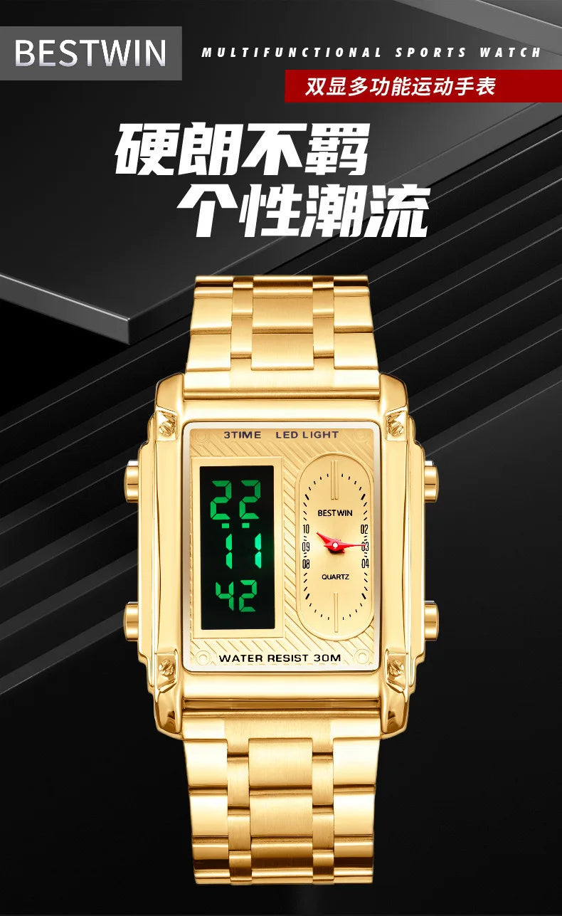 Gold Men Watches Stainless Steel Band Dual Display Men Sports Digital Watches For Male Clock Chronograph Date Waterproof Luxury