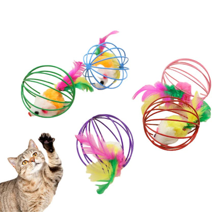 1Pcs Cat Toys Colorful Feathers Colorful Plush Mouse Ball Cage Cat Fun Creative Interactive Toys Pet Supplies Random Colors