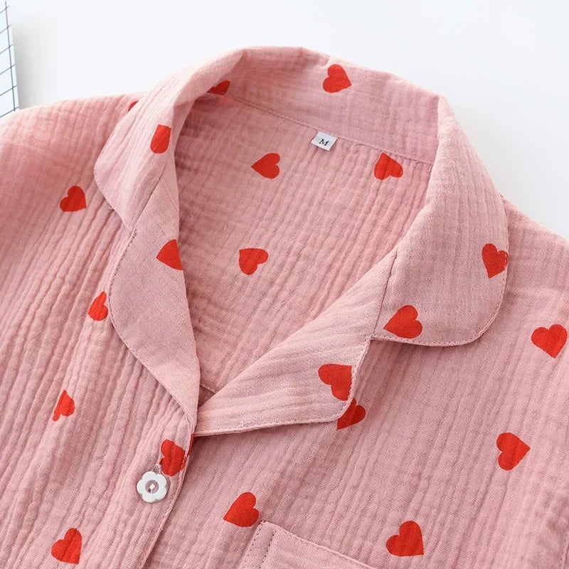 Smal Heart Printing Pink White Colors Women Trousers Pajama Set Cotton Sleepwear Clothes for Spring and Autumn Home Clothing