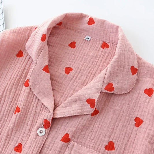 Smal Heart Printing Pink White Colors Women Trousers Pajama Set Cotton Sleepwear Clothes for Spring and Autumn Home Clothing