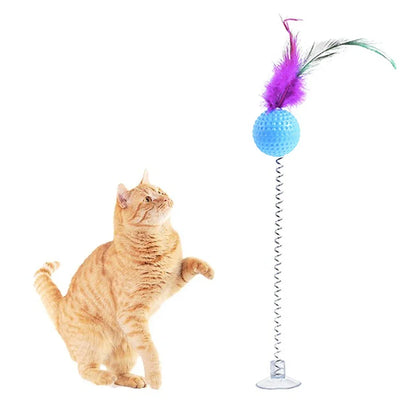 1pc Feather Spring Cat Interactive Toy Suction Cup Cat Fur Ball Teaser Wand Toys Cat Scratcher Toys Pet Supplies Random Color