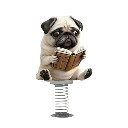Cute 2D Pug Car Ornaments Kawaii Reading Dog Car Panel Dashboard  Spring Toys Decor Creative Accessories Gift