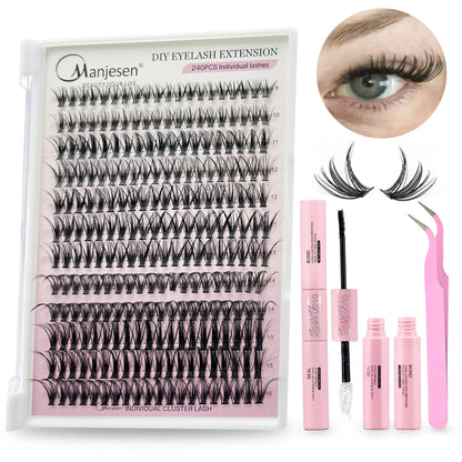 DIY Cluster Extension Lashes Kit 240 Bunches Individual Lashes Set Wispy Fluffy False Eyelashes with Glue and Tweezer