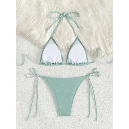 Glitter Sparkling Halter High Leg Cut Bikini Female Swimsuit Women Swimwear Two-pieces Bikini set Bather Bathing Suit Swim V5501
