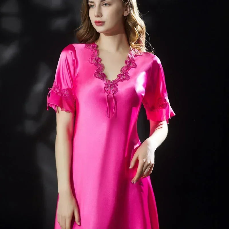 New Summer Women Sleepwear Ice Silk Nightdress Robe Sexy Lingerie Nightgown Lady Homewear Female Night Home