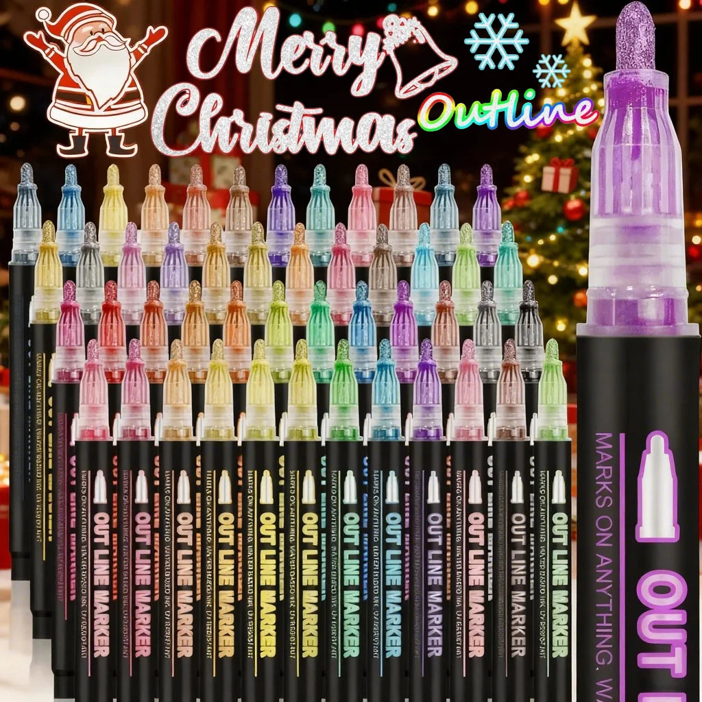 Double Line Outline Markers,Squiggles Shimmer Markers Set,Self Outline Metallic Glitter Marker Pens for Christmas,Art,Drawing