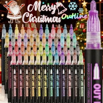 Double Line Outline Markers,Squiggles Shimmer Markers Set,Self Outline Metallic Glitter Marker Pens for Christmas,Art,Drawing