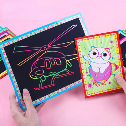 10Pcs Scratch Art Paper Magic Painting Paper with Drawing Stick Drawing Toys Kids Learning Educational Toys for Children Gifts
