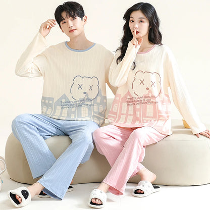 Autumn Couple Pajamas Sets Cartoon Men Sleepwear Leisure Cotton Plus Size Long Sleeve Women Homewear pijama Homme Mujer Dropship