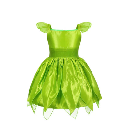Girls Party Dresses Fairy Green Costume for Girl Tinkerbell Children Clothing Princess Elf Birthday Ball Gown Wing Dresses