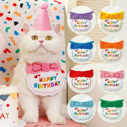 Cat Birthday Party Hat And Bib With Adjustable Bandana Pet Birthday Sweet Outfit Scarf Cats Puppy Dress Up Set Pet Supplies