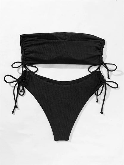 2025 Sexy Low Waist Swimwear New Solid Bandeau Bikini Set Women Push Up Drawstring Beachwear Swimsuit Backless bathing suit
