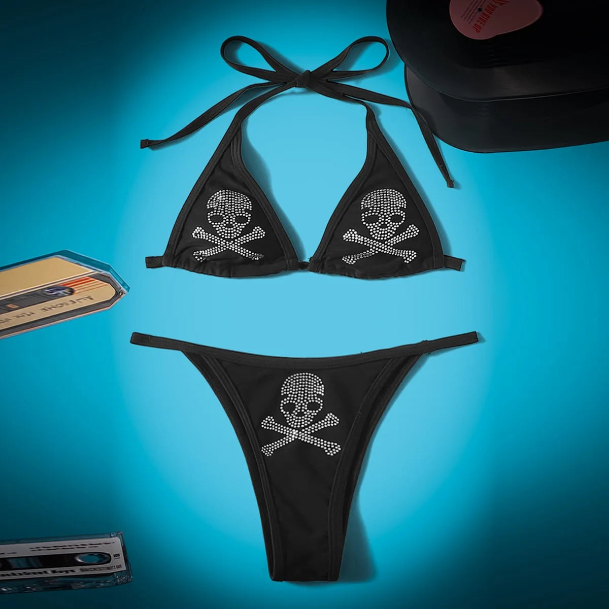 Sexy Gothic Bikini 2025 Rhinestone Skull Swimsuit Women Lace Up Bathing Suit Low Waist Bikinis Sets Beach Swimwear