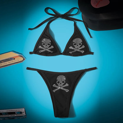 Sexy Gothic Bikini 2025 Rhinestone Skull Swimsuit Women Lace Up Bathing Suit Low Waist Bikinis Sets Beach Swimwear