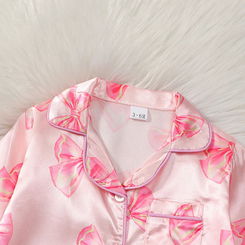 VISgogo Baby Girls Pajamas Long Sleeve Bow Print Furry Patchwork Button Closure Jumpsuit Sleepwear Loungewear