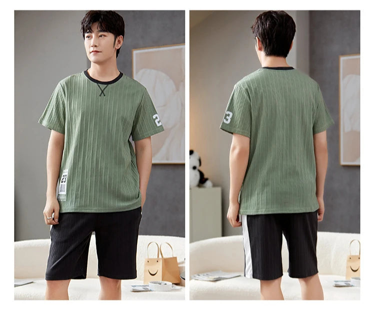 Cotton Pajamas Men Autumn and Winter Short Sleeve Shorts Loose Teen Cartoon Casual Loungewear Set Large Size Short Sleepwear