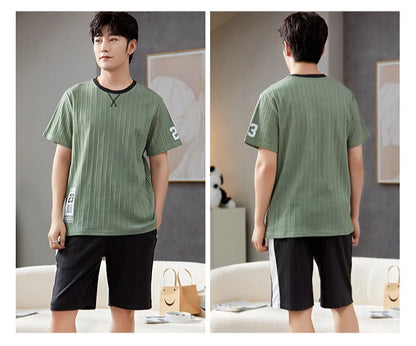 Cotton Pajamas Men Autumn and Winter Short Sleeve Shorts Loose Teen Cartoon Casual Loungewear Set Large Size Short Sleepwear