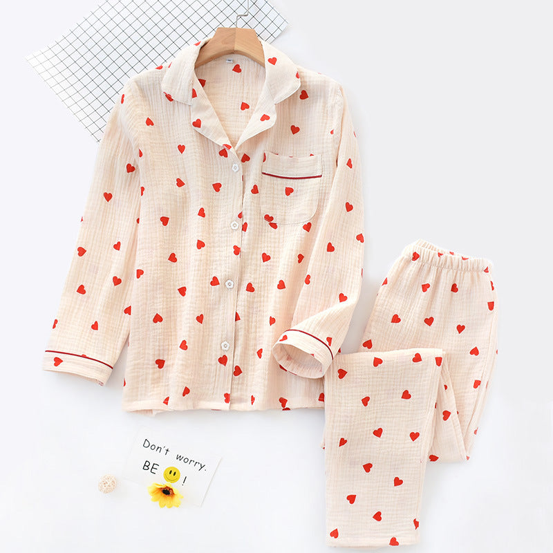 Smal Heart Printing Pink White Colors Women Trousers Pajama Set Cotton Sleepwear Clothes for Spring and Autumn Home Clothing