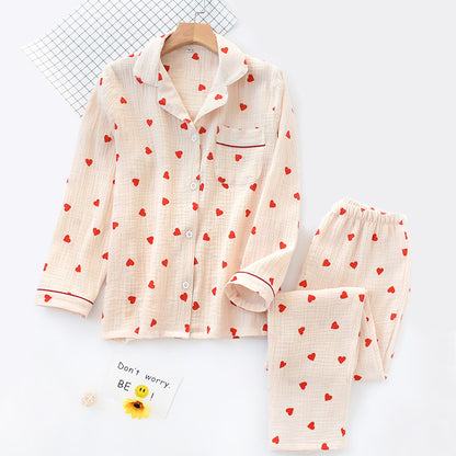 Smal Heart Printing Pink White Colors Women Trousers Pajama Set Cotton Sleepwear Clothes for Spring and Autumn Home Clothing