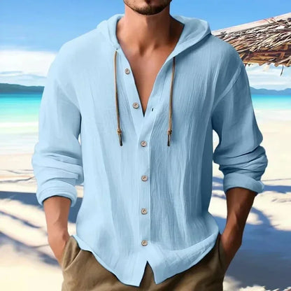 Summer Men's Linen Shirt Solid Streetwear Long Sleeve Hoodie Cardigan Clothing For Men Button Tops Casual Loose Men Hooded Shirt
