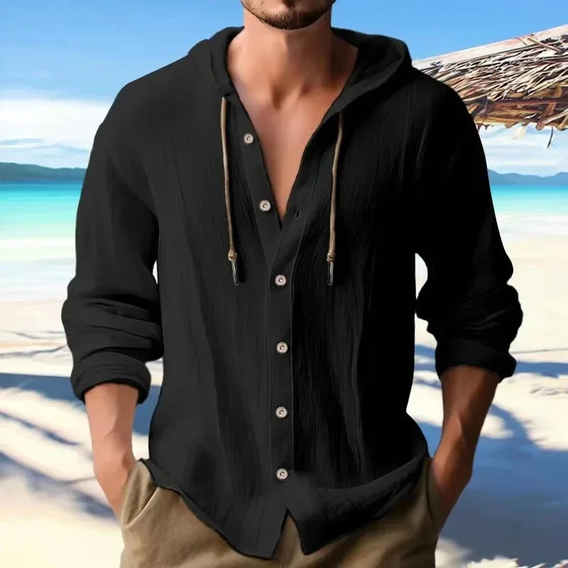 Summer Men's Linen Shirt Solid Streetwear Long Sleeve Hoodie Cardigan Clothing For Men Button Tops Casual Loose Men Hooded Shirt