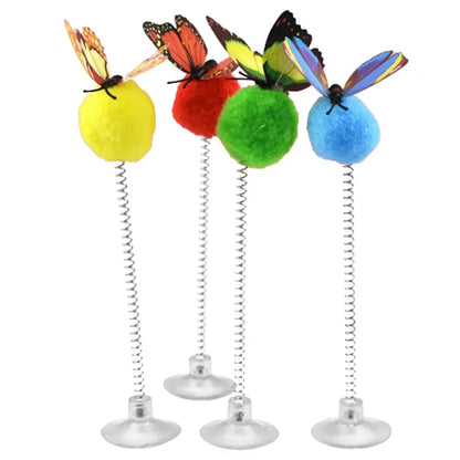 1pc Feather Spring Cat Interactive Toy Suction Cup Cat Fur Ball Teaser Wand Toys Cat Scratcher Toys Pet Supplies Random Color