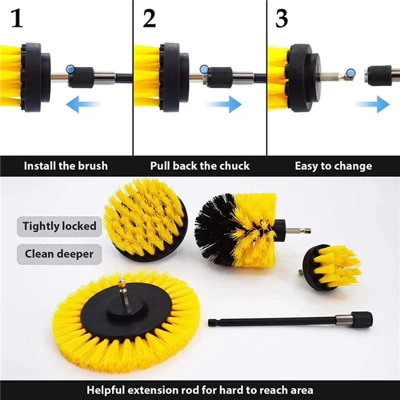 3pc/5Pcs Electric Drill-Brush Kit Power Scrubber Brush For Carpet Bathroom Surface Tub Furniture Shower Tile Tires Cleaning Tool