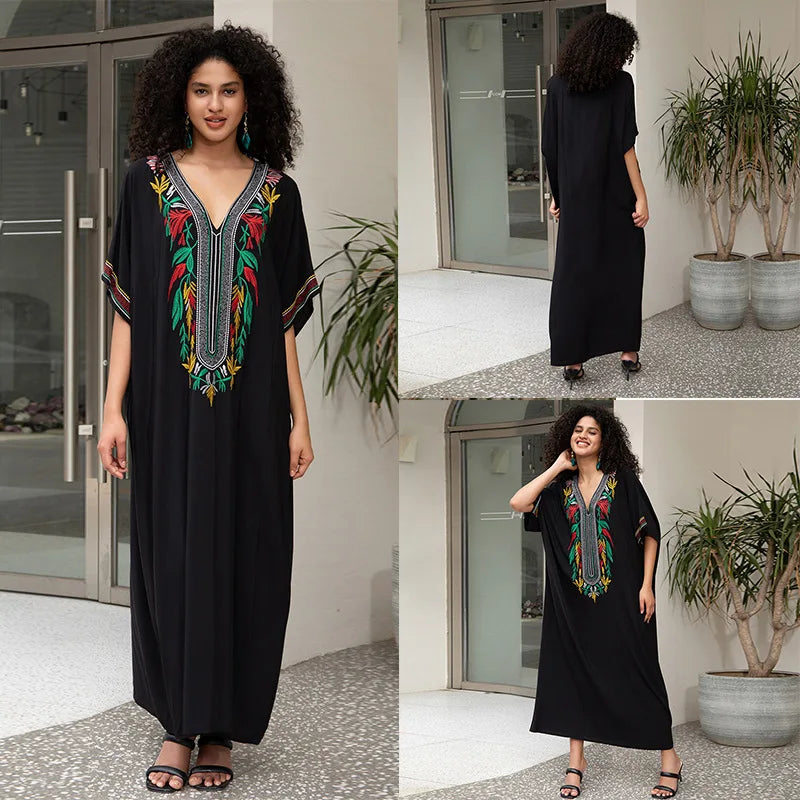 Swimsuit Cover Ups Embroidery V Neck Short Sleeve Swim Cover Up for Women Kaftan Dresses