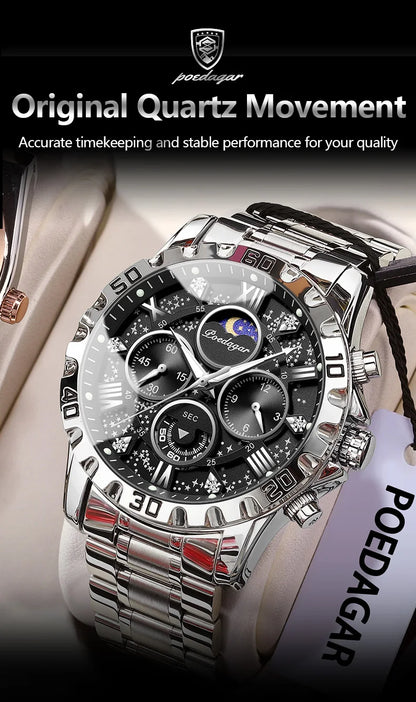POEDAGAR Luxury Brand Men Watch Chronograph Waterproof Stainless Steel Luminous Male Watch Quartz Fashion Watches For Men Reloj