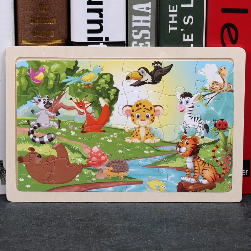New 24 Pieces Wooden Puzzles Cartoon Animal Wood Jigsaw Learning Toys for GIFT