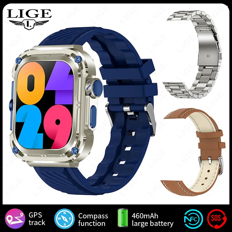 LIGE New 2.1" Ultra HD NFC Bluetooth Call Smart Watch Men Compass GPS Track 460mAH Battery Waterproof Watches For Android IOS