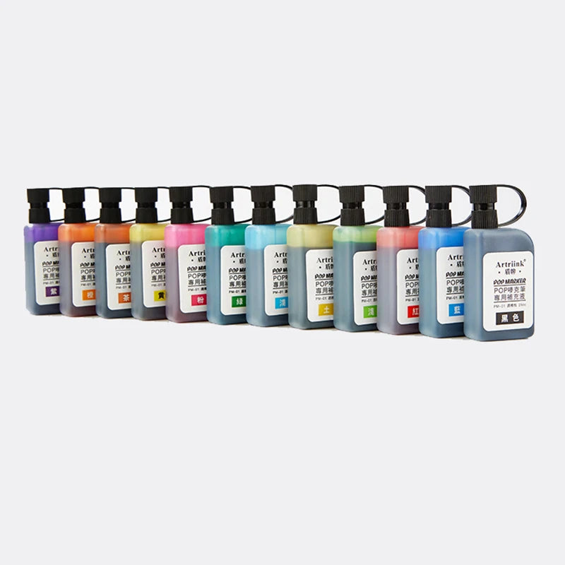 12-Color Alcohol-Based Marker Refill Ink - 25cc Quick-Dry Fade-Resistant Pop Art Marker Ink Cartridges for Artists & Designers