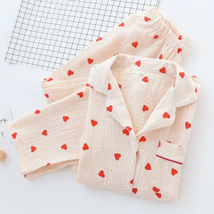Smal Heart Printing Pink White Colors Women Trousers Pajama Set Cotton Sleepwear Clothes for Spring and Autumn Home Clothing