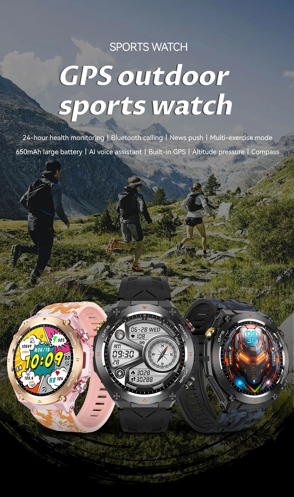 2025 GPS New Men Dual-band Positioning Smart Watch Men AMOLED Compass Waterproof 650mAh Battery Military Sport Watches New