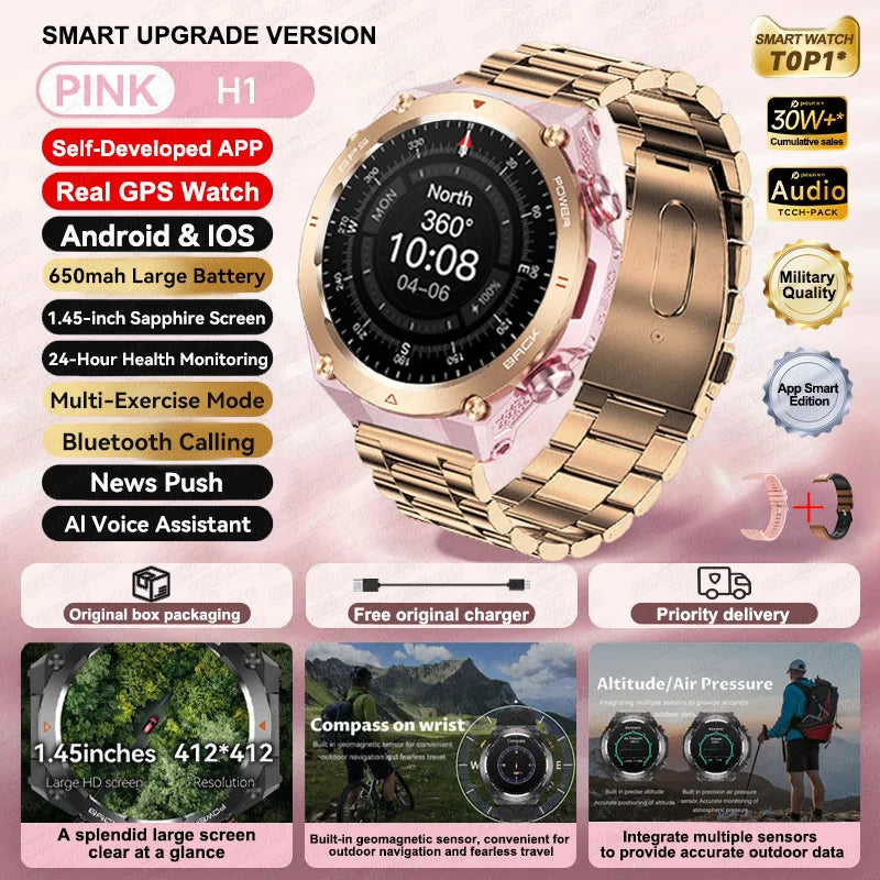 2025 GPS New Men Dual-band Positioning Smart Watch Men AMOLED Compass Waterproof 650mAh Battery Military Sport Watches New