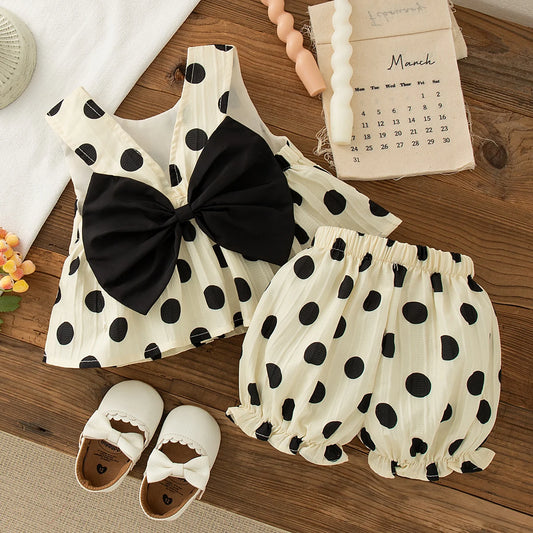 Toddler Girls 2 Piece Set Korean Style Polka Dot Bow Sleeveless Top & Shorts Newborn Baby Summer Cotton Casual Outfit for Play