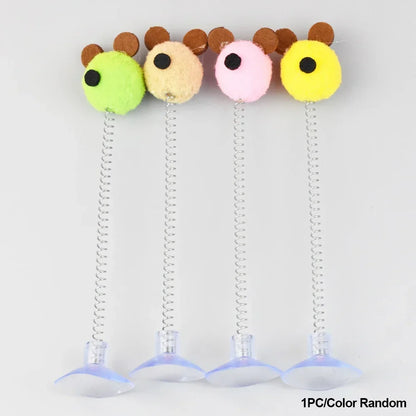 1pc Feather Spring Cat Interactive Toy Suction Cup Cat Fur Ball Teaser Wand Toys Cat Scratcher Toys Pet Supplies Random Color