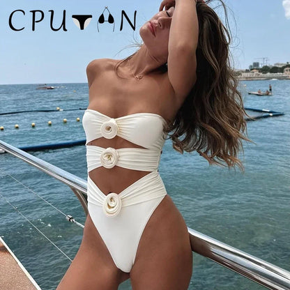 2026 New Sexy White 3D Flower Solid Two Piece Push Up Bikini Set Luxury Swimwear Women Swimsuit Beachwear Summer Bathing Suit