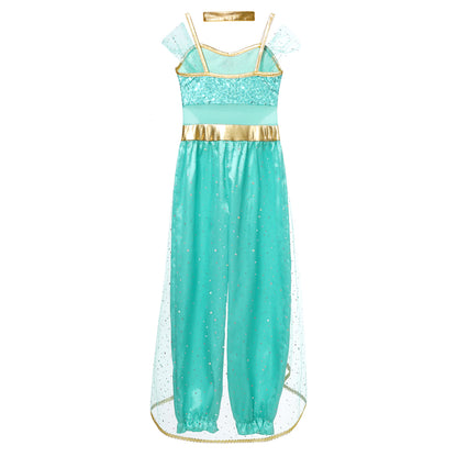 Shiny Sequin Gem Girls Halloween Jasmines Costume Kids Arabian Princess Cosplay Fancy Jumpsuit with Choker for Dance Performance