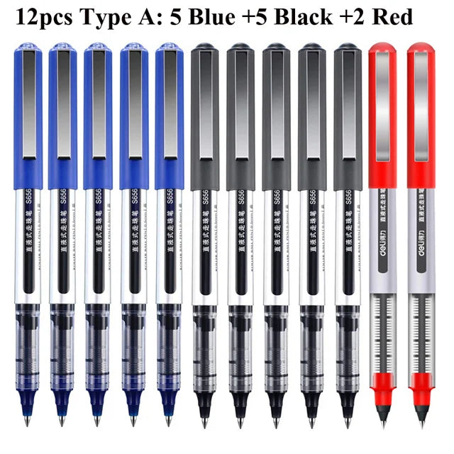 Deli Rollerball Pens, 12 Pack Blue/ Black Liquid Ink Ballpoint Gel Pens, 0.5 mm Fine Tip Rolling Ball Pens for Writing Drawing