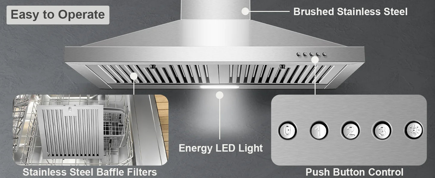 30-inch Wall Mount 450CFM - Stainless Steel Kitchen Vent Hood, Ultra Quiet 55dB, Ducted/Ductless Convertible, 3-Speed Range Hood
