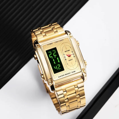 Gold Men Watches Stainless Steel Band Dual Display Men Sports Digital Watches For Male Clock Chronograph Date Waterproof Luxury