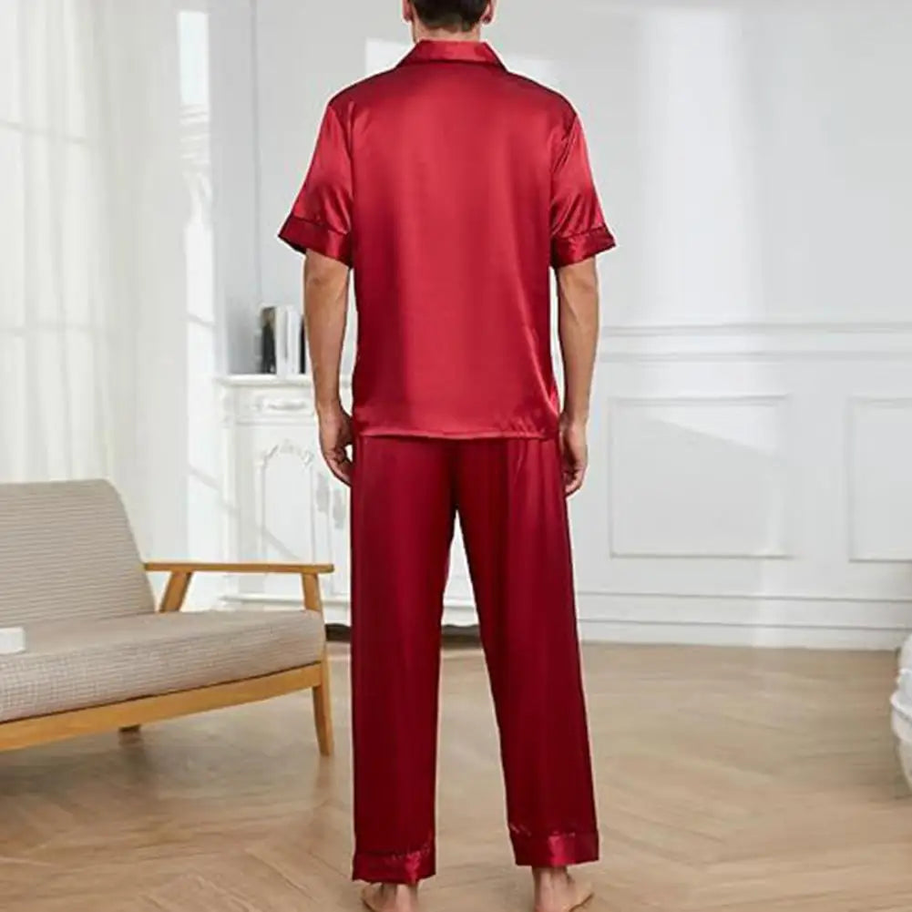 2Pcs/Set Silk Satin Men Pajama Set Notch Collar Button Down Pajama Top with Chest Pocket Elastic Waist Bottoms Set Sleepwear