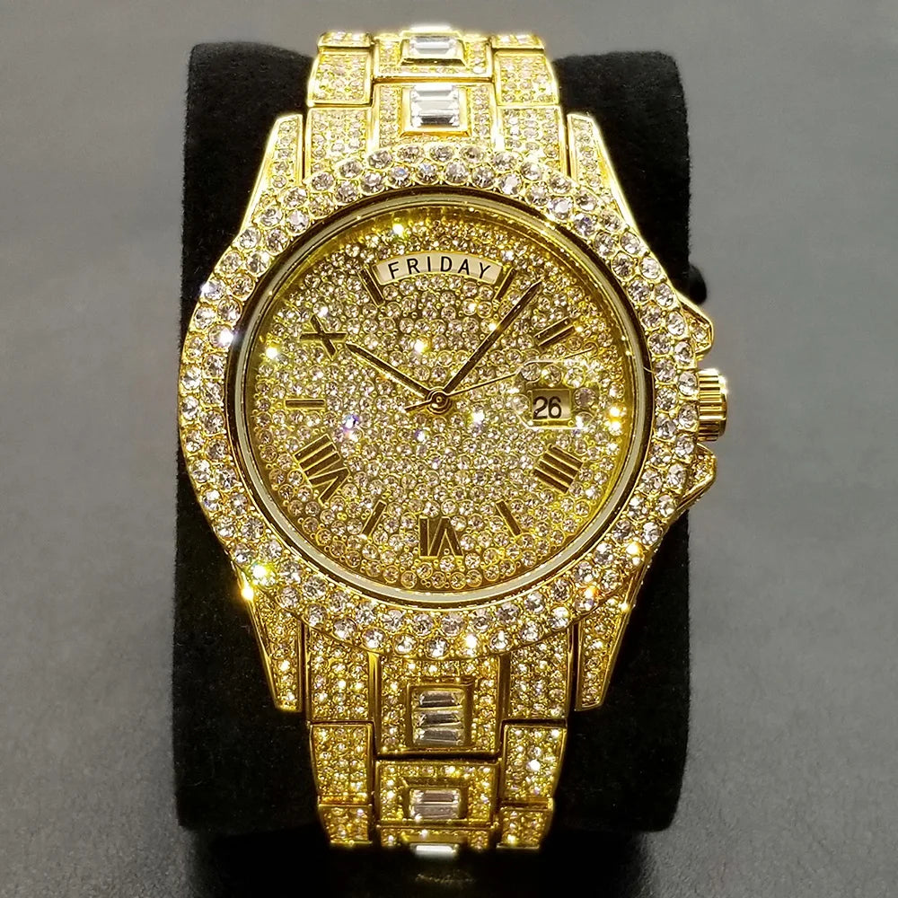 TikTok Hot Diamond Wristwatch For Men Luxury 18K Gold Plated Quartz Watches Day Date Nightclub Party Watch Unisex Rapper Jewelry