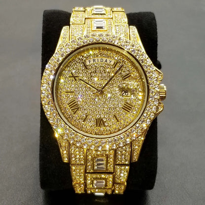 TikTok Hot Diamond Wristwatch For Men Luxury 18K Gold Plated Quartz Watches Day Date Nightclub Party Watch Unisex Rapper Jewelry