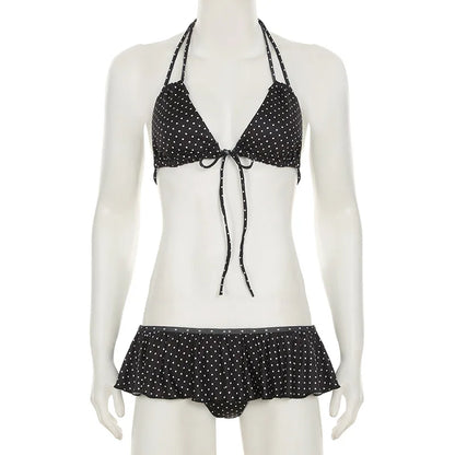 2025 Summer Vacation Beach 2 Piece Set Women Sexy Polka Dots Print Lace Up Halter Bra + Ruffles Micro Mini Skirts Swimsuit