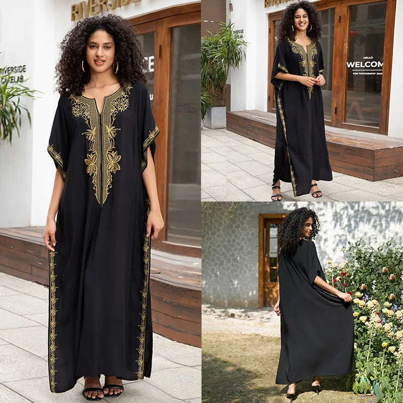 Swimsuit Cover Ups Embroidery V Neck Short Sleeve Swim Cover Up for Women Kaftan Dresses