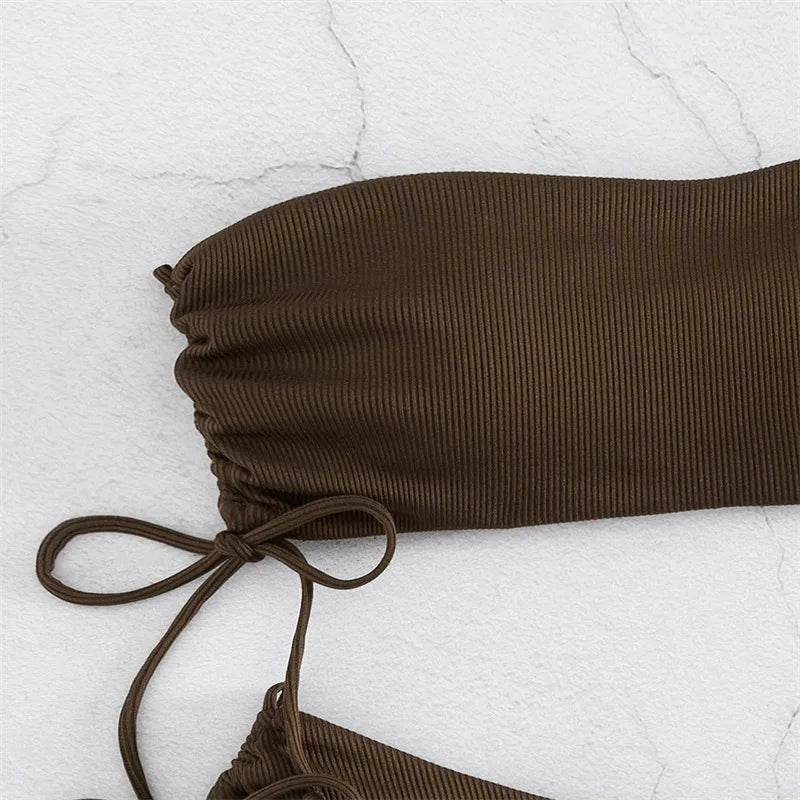 2025 Sexy Low Waist Swimwear New Solid Bandeau Bikini Set Women Push Up Drawstring Beachwear Swimsuit Backless bathing suit