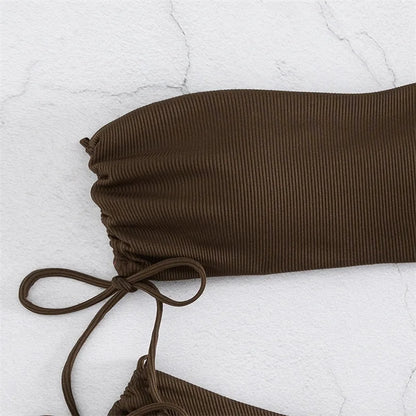 2025 Sexy Low Waist Swimwear New Solid Bandeau Bikini Set Women Push Up Drawstring Beachwear Swimsuit Backless bathing suit
