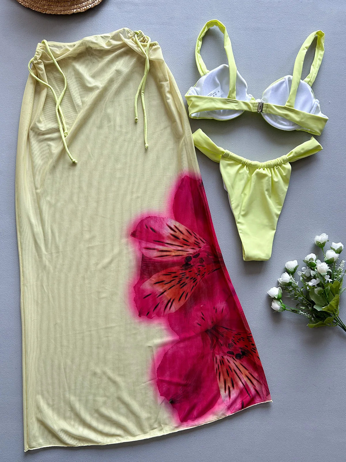 Melphieer Yellow Three-pieces Swimsuit Set With Mesh Skirt Bikini Inspired Women's Swimwear Beach Bathing Suit Vacay Outfit